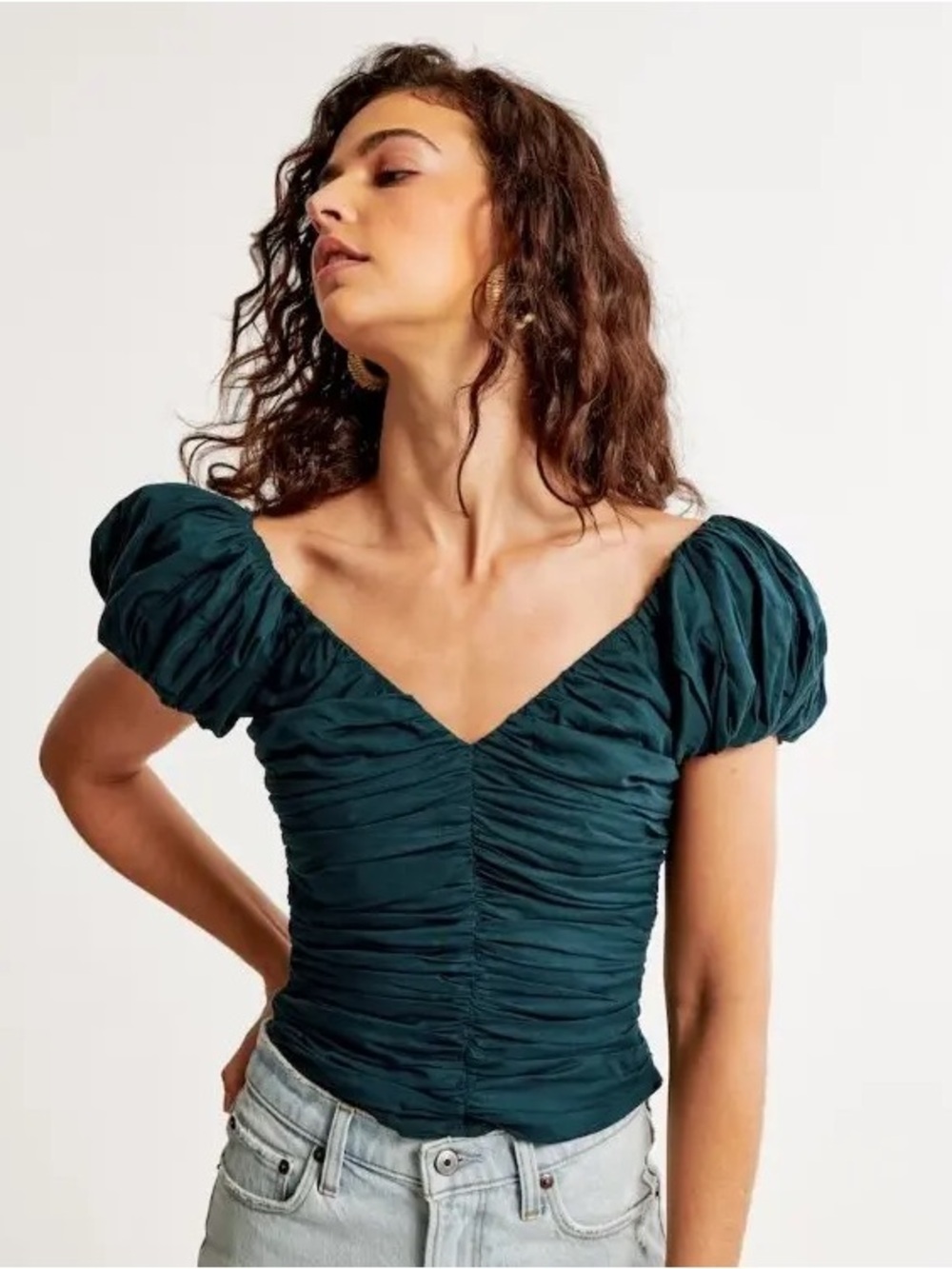 Abercrombie & Fitch Drama Puff Sleeve Ruched Top in Deep Teal Size XS